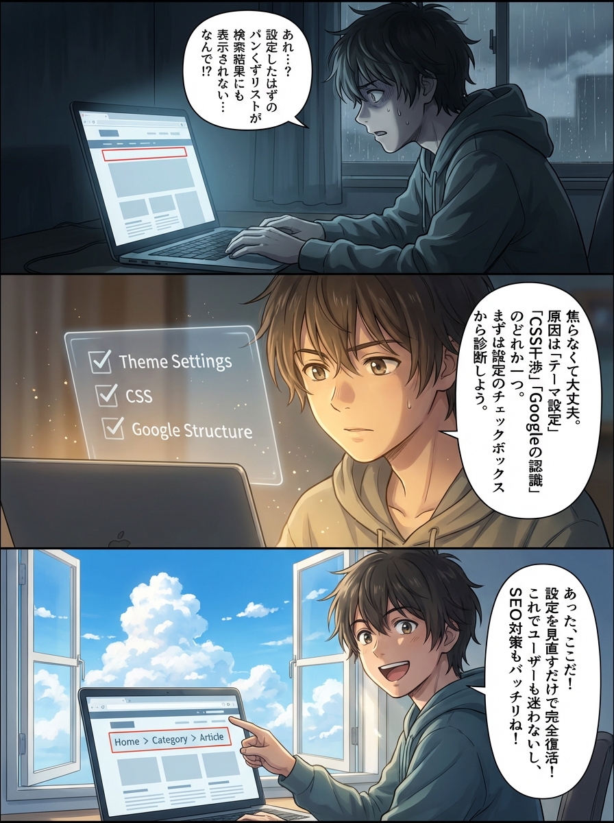 パンくずリストが表示されない原因と解決策｜テーマ別設定からCSS・構造化データまで網羅