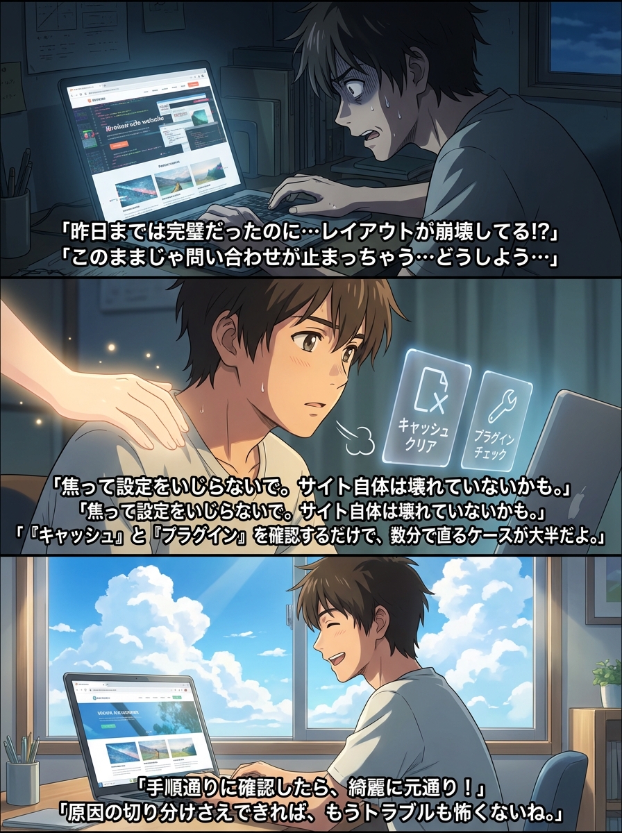 WordPressの表示・レイアウト崩れを直す！原因別の対処法と復旧手順