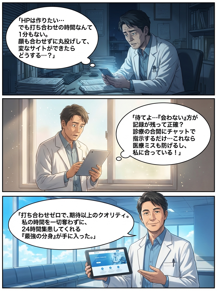 クリニックのホームページ制作を「打ち合わせなし」で成功させる全条件｜忙しい院長の時間を奪わない制作手法とは