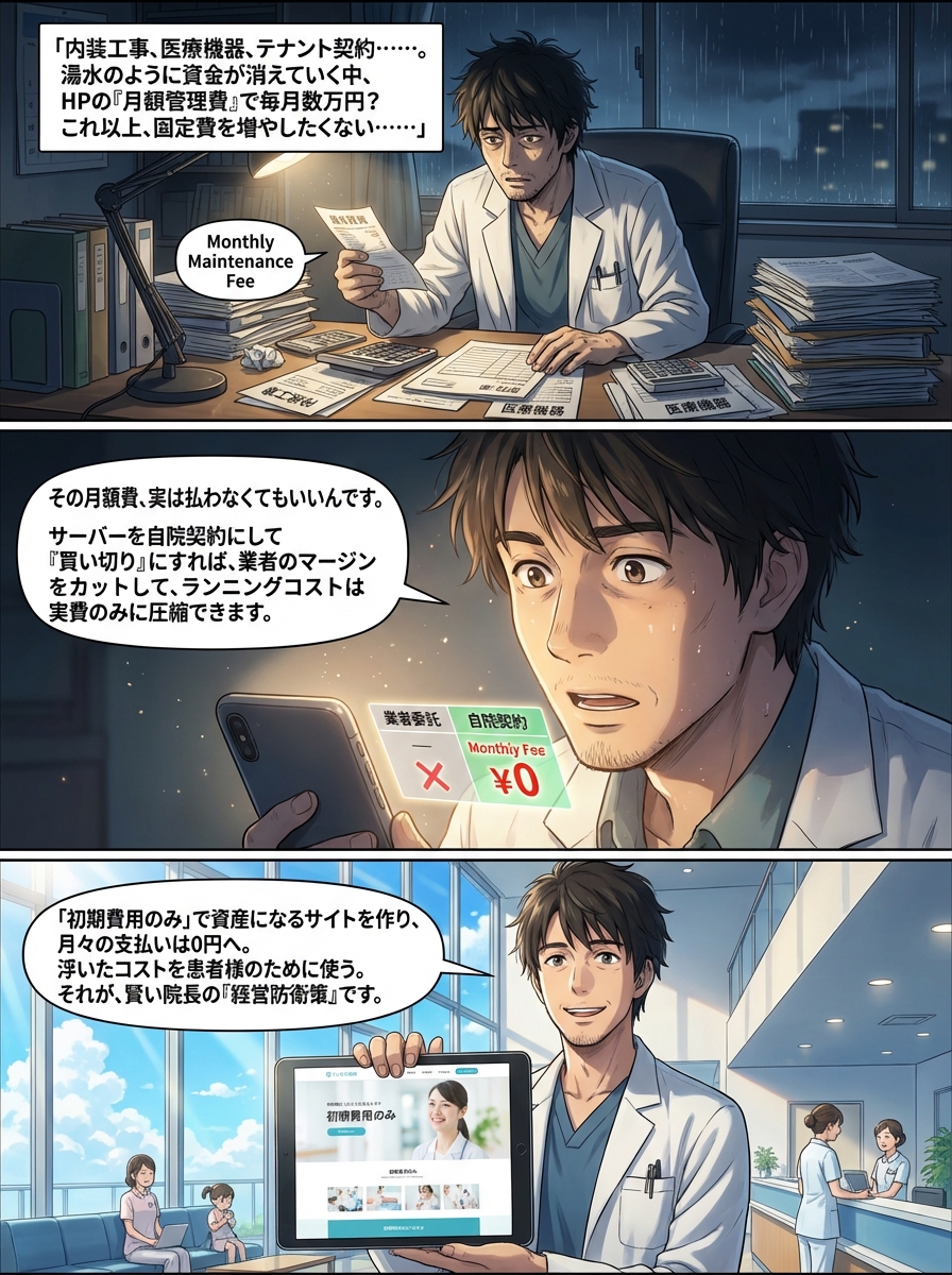 クリニックのホームページ制作を「初期費用のみ」で完結させるガイド｜月額0円の実現性と注意点