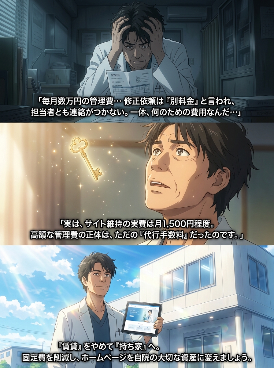 クリニックのホームページ制作で月額管理費なしを実現する方法｜所有権とコストの罠を解説