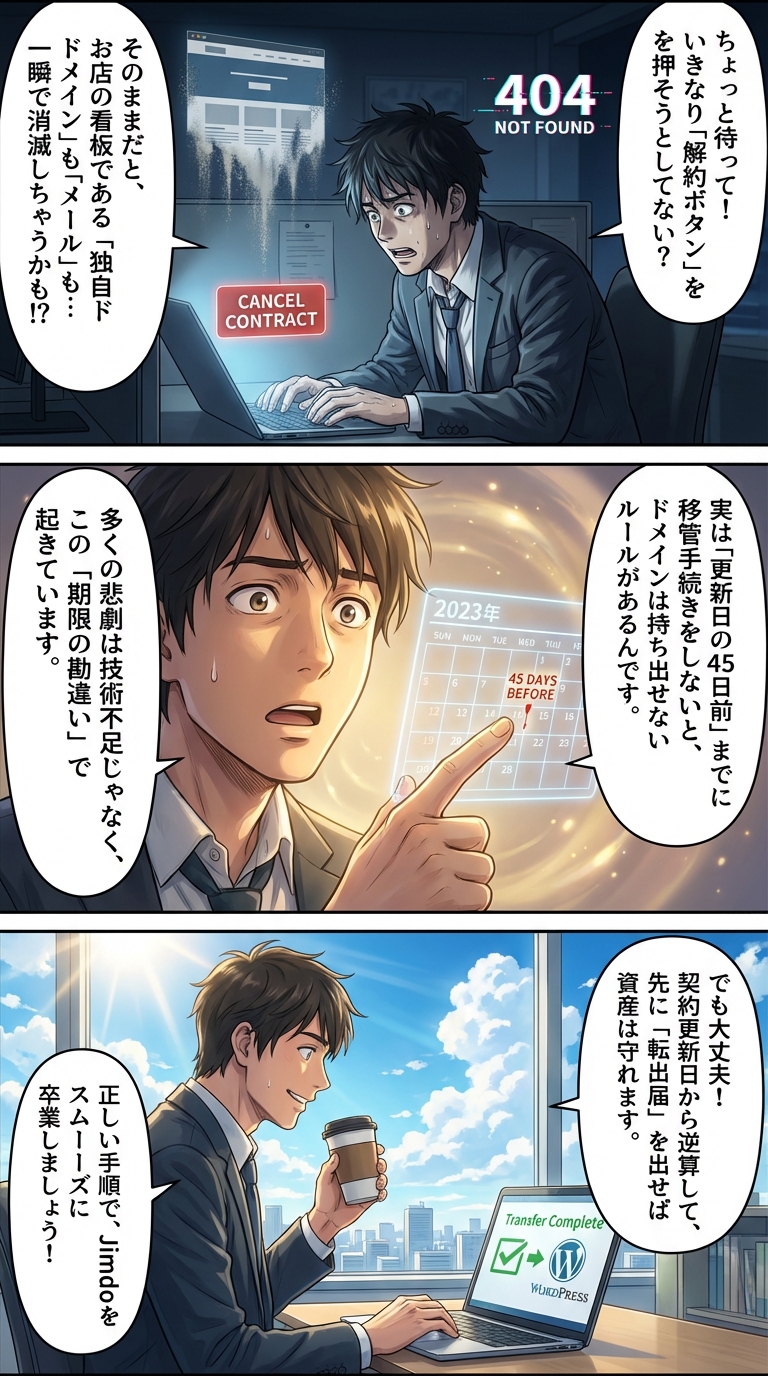 Jimdo Pro解約時のドメイン移管・廃止マニュアル｜失敗しないための期限と手順