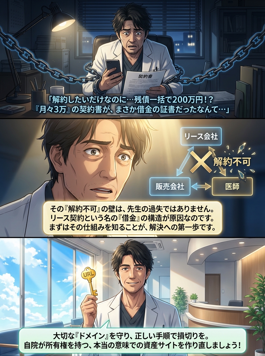 クリニックのホームページリースは解約できる？違約金の相場とドメインを取り戻す実務的解決策