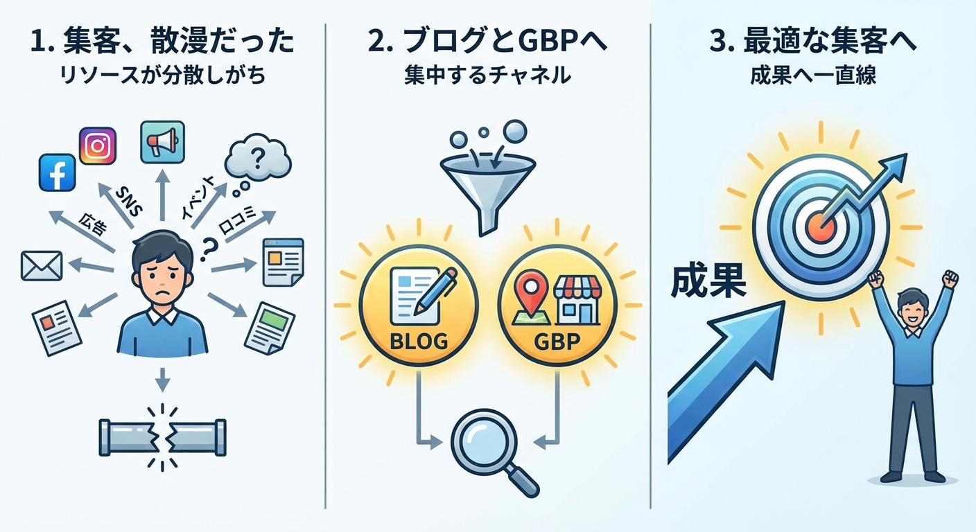 仕事メモ一行からの集客は、ブログとGBPのみにした。Xはあきらめる。