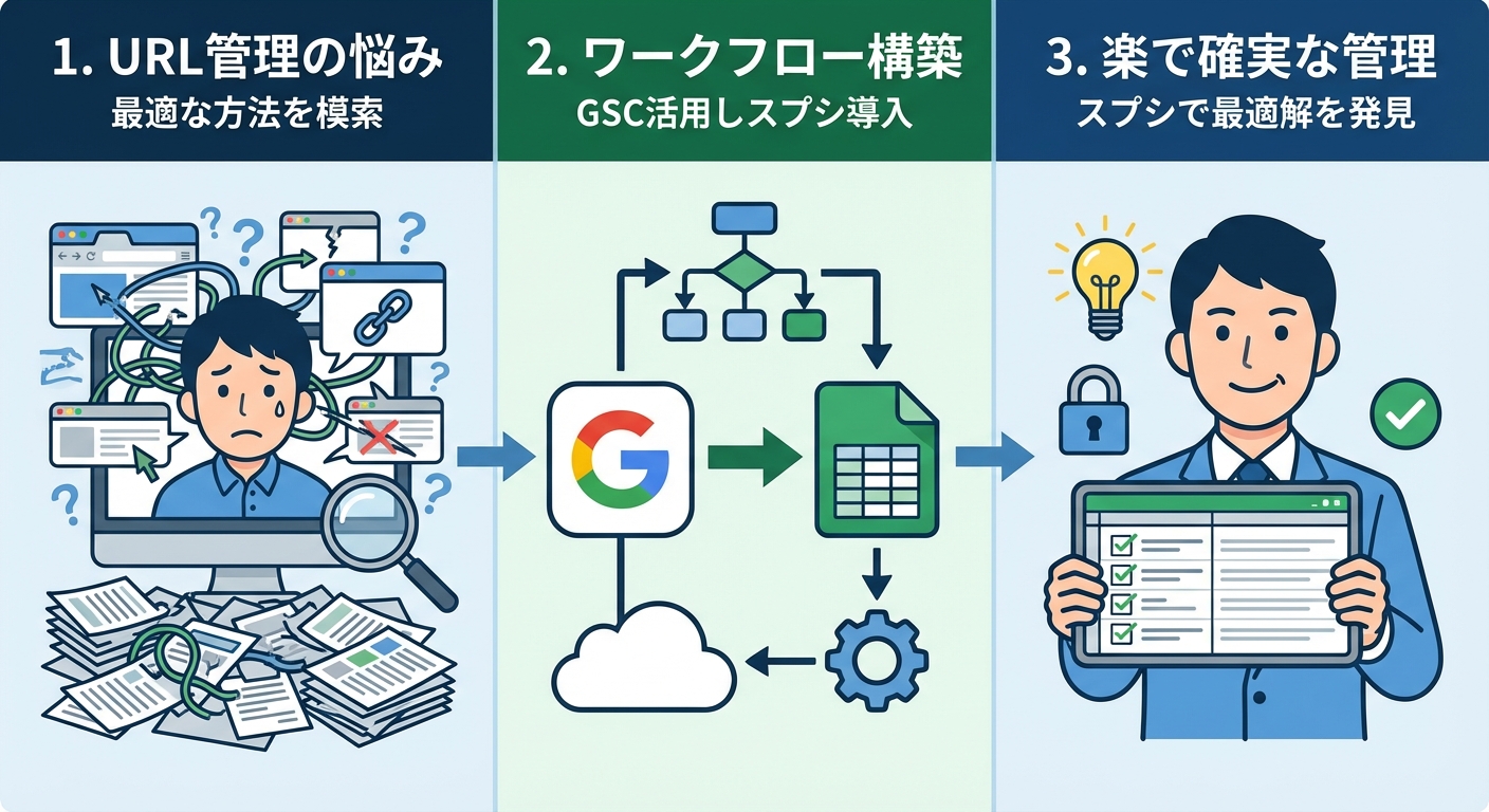 GSCからデータ取得し、リライトするURLを決定して、リライトするワークフロー作成してみた。URL管理は色々考えたけど、Googleスプシが一番楽で確実と判断。