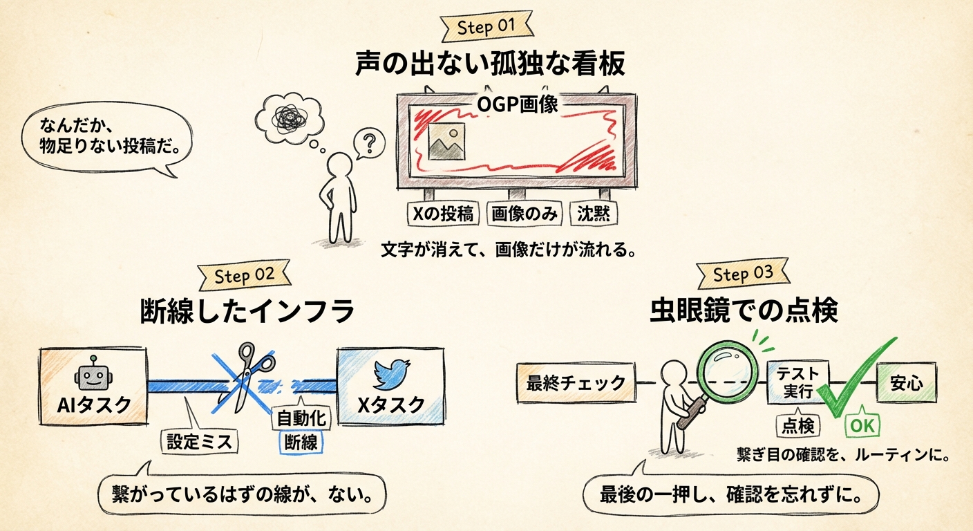 OGP画像のみ表示で、Xの投稿がされていなかった。なんとワークフローのXタスクで投稿マッピングが外れていた。チェック不足。