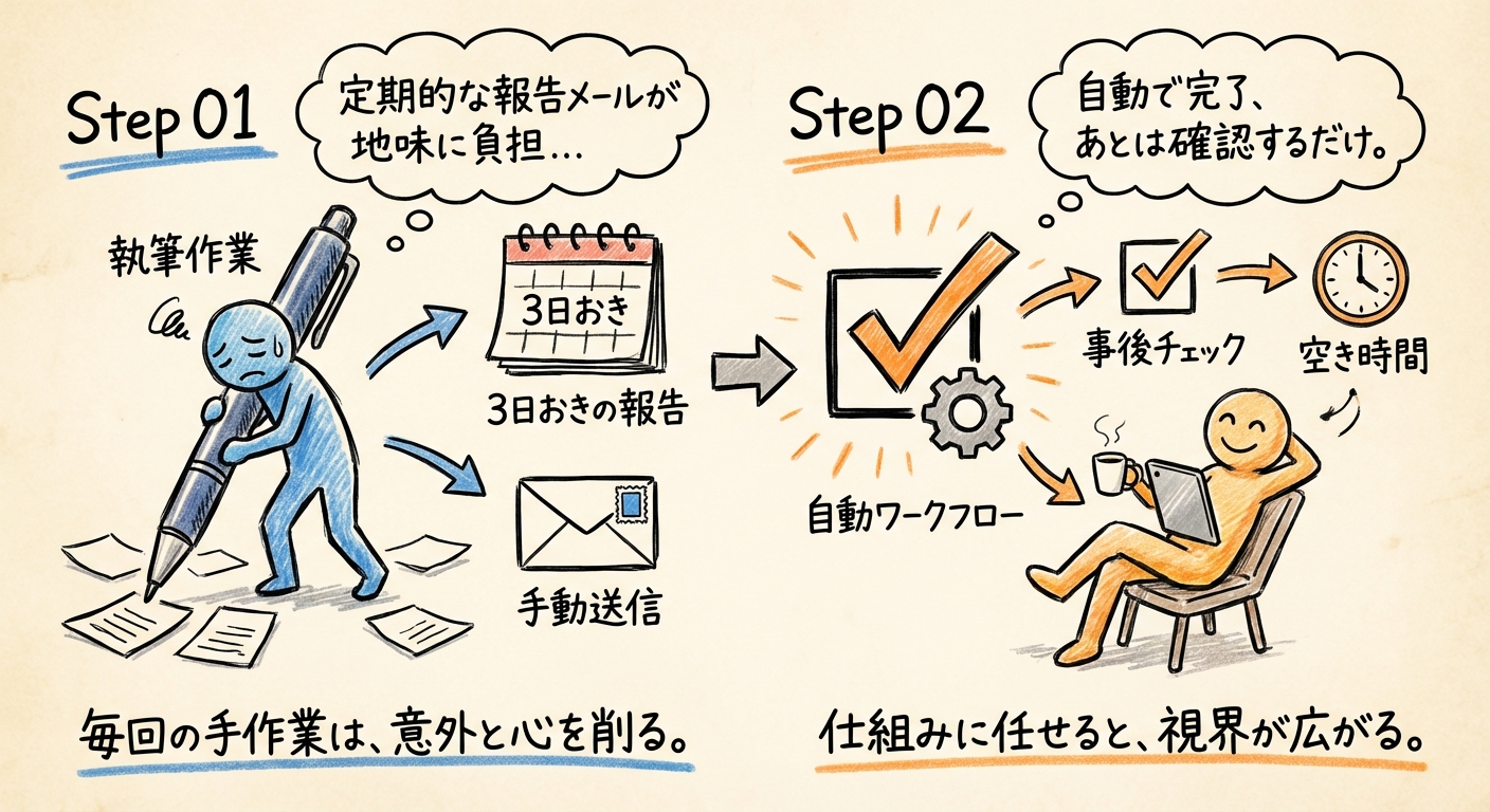運営代行している法人の店舗ビジネスサイト。3日に1回のリライト完了メールが配信されていた。自動化すると事後チェックのみなので、本当に楽。
