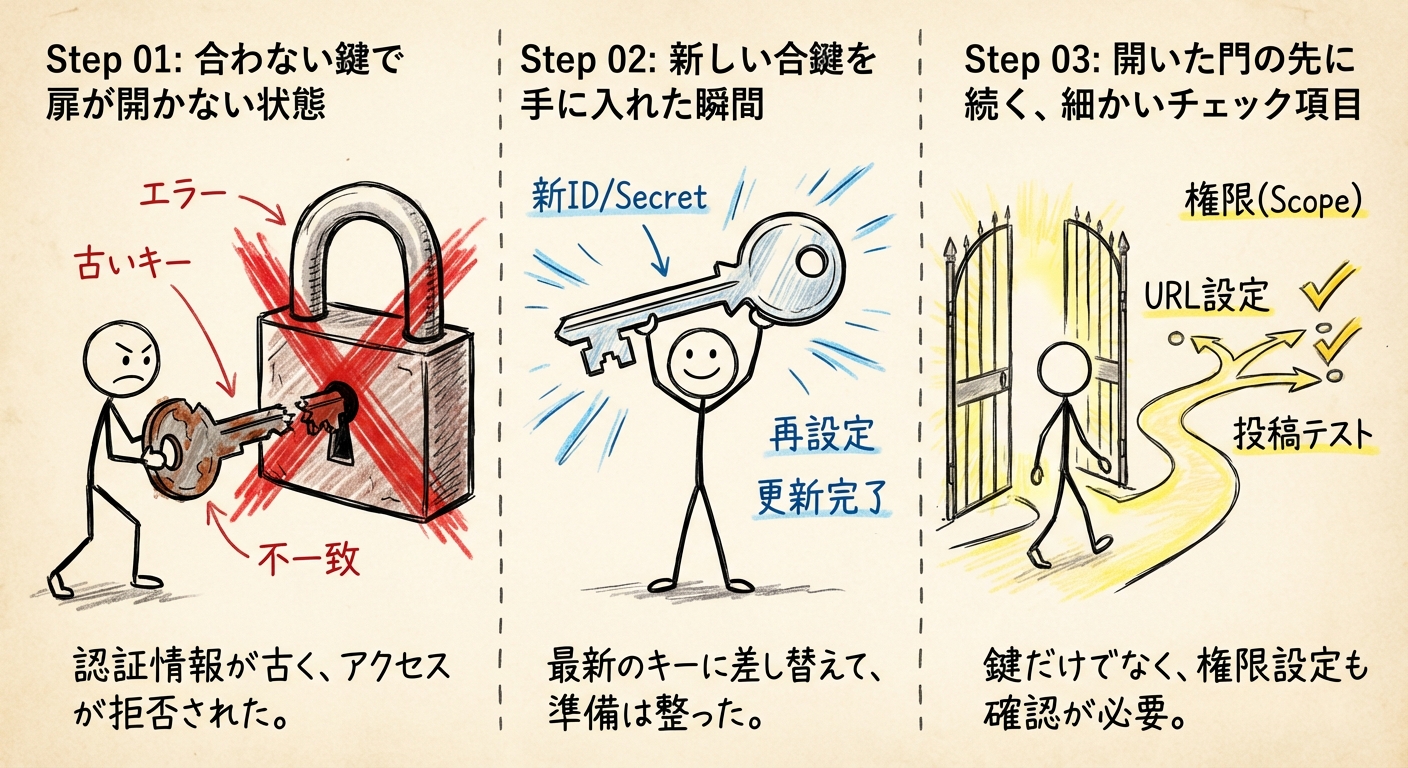 x投稿でなぜか、OAuthException errorとなる。OAuth 2.0 Client ID and Client Secretを再設定したので、大丈夫だと思うけど、どうかな。