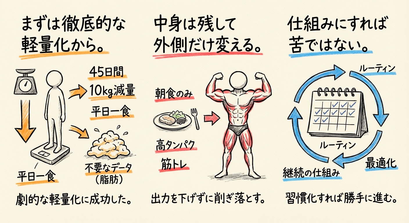 平日の一日一食（朝食のみ）の45日終了。全体で約10kg減量に成功。筋肉減らさないように色々やっている。