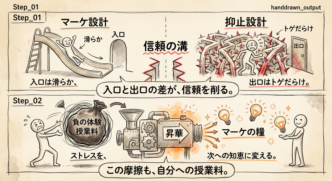 それにしても、バーチャルオフィス不要になったので解約しただけなのに、地味にストレス。入会導線はマーケ設計、
解約導線は抑止設計。この摩擦、利用者の信頼を削るだけだと思う。授業料だと思って、割り切る。