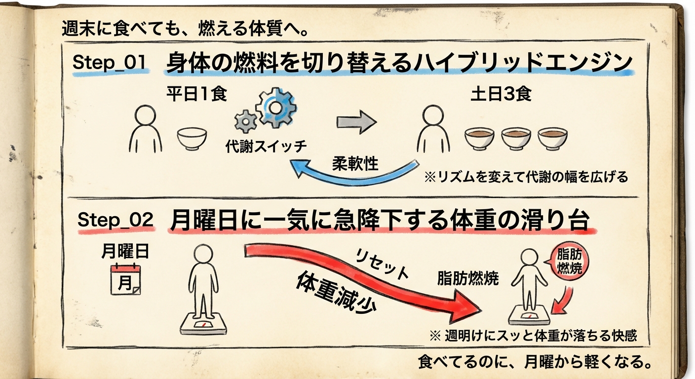 平日一食、土日3食だと、メタボリックフレキシビリティがアップするらしい。土日食べているのに、月曜日からすぐ体重落ちる。