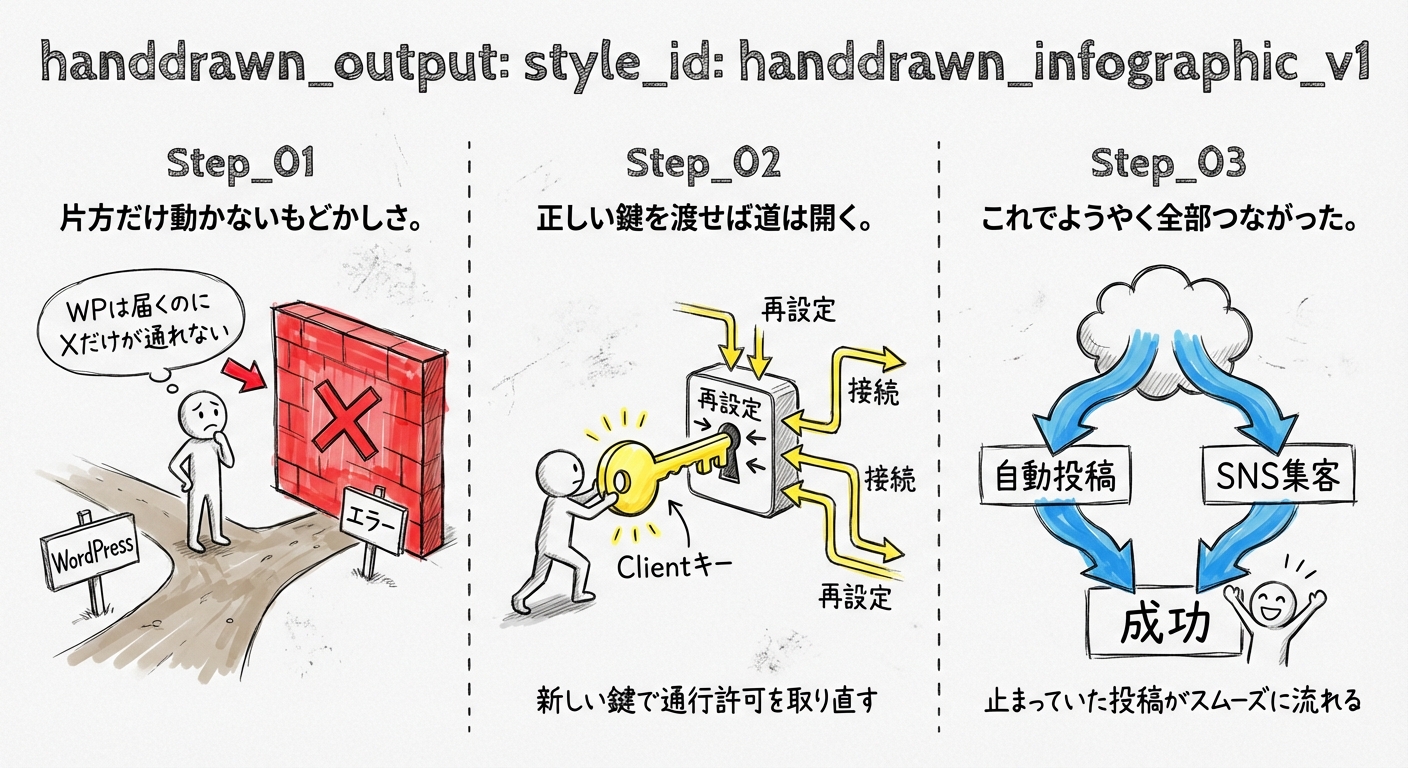 WordPressは投稿されるのに、Xはエラーになっていた。Clientキーを取得して接続し直したら、動き出した。