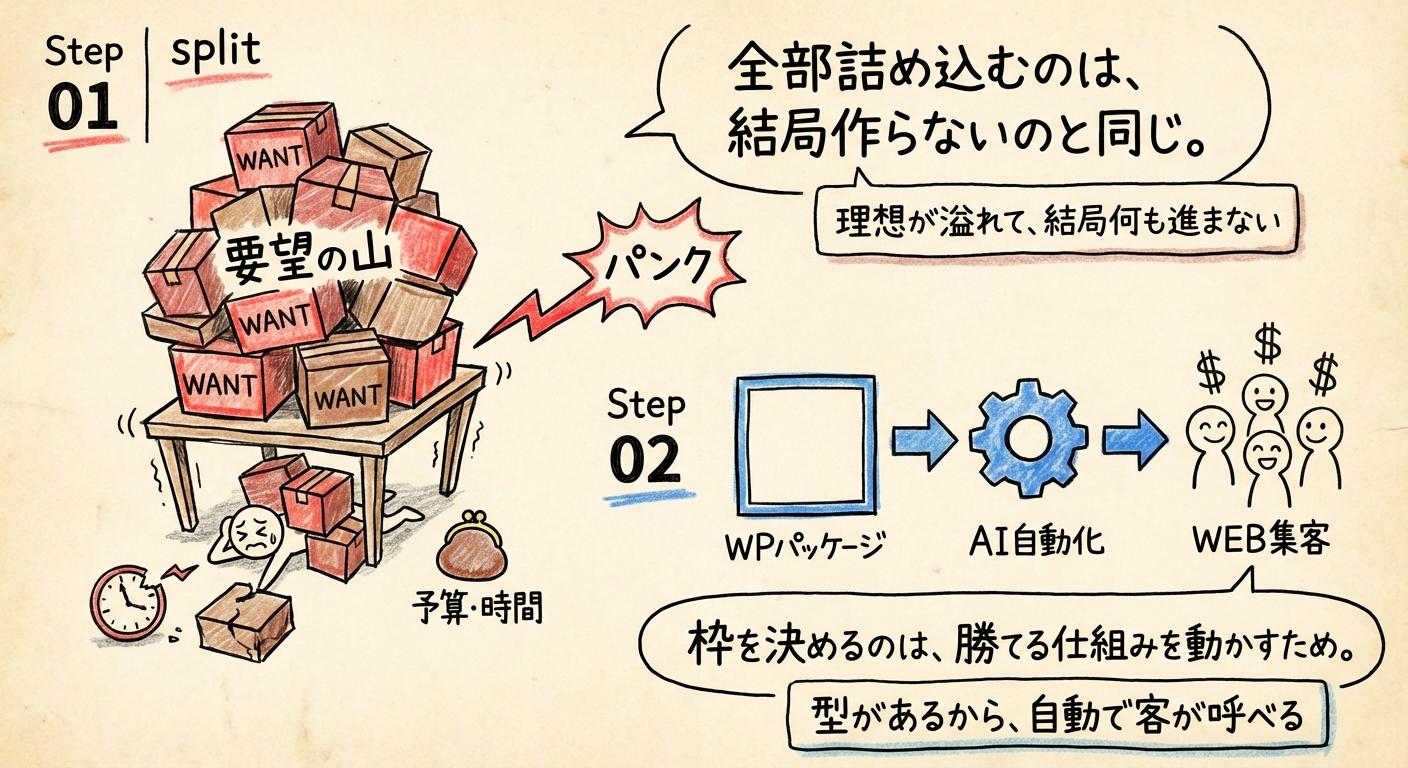 WordPressパッケージ制作という内容、なかなかクライアントへ上手に伝わらない。やりたいこと、盛り盛り出てくるのは理解できます。