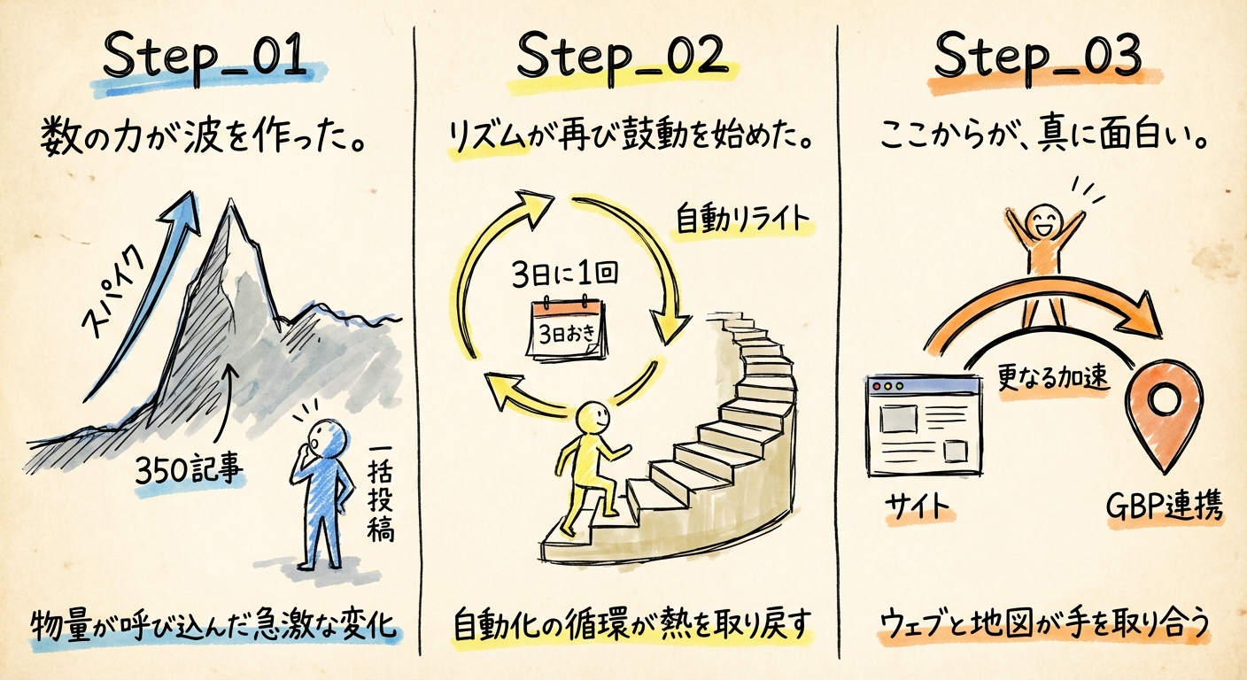 法人サイト、コラムで350記事一括投稿してスパイク。その後、下がったがジリジリ右肩あがりに。停滞後、リライトフローを3日に1回稼働で上がりはじめた。さらにGBP連携もスタート。どうなるか楽しみ。