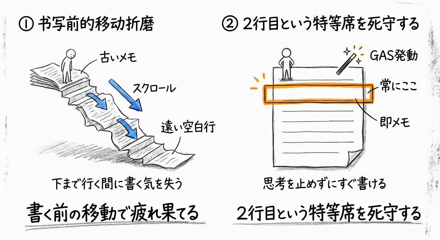仕事メモを書くシートは、1行目ヘッダーとして、2行目を常に空白行にしておかないと、即時メモを書くことができない。空白行がある一番下までスクロールするのは面倒。GASを書き直した。