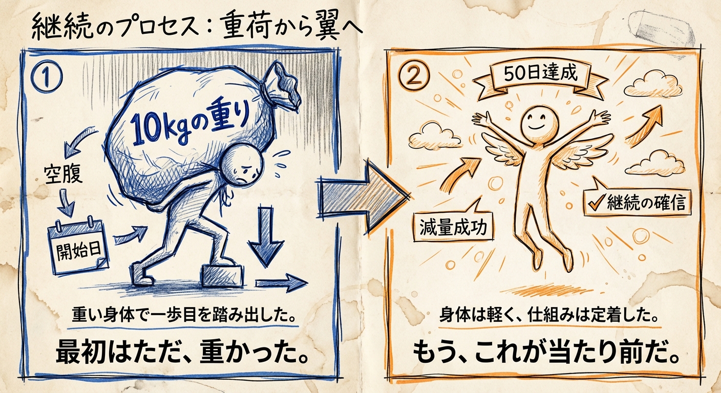 平日一日一食してから、今日で稼働日day50になった。当初から10kgのダイエットに成功。もう慣れたので辛さはないから継続できると思う。