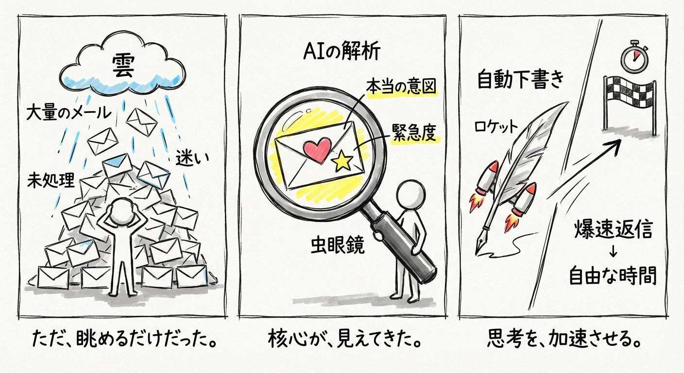 メール着信してから、内容を解析して緊急度、本当の意図抽出し、返信案を生成してみた。これ、めっちゃ便利。メール返信時間が大幅に短縮される予感。