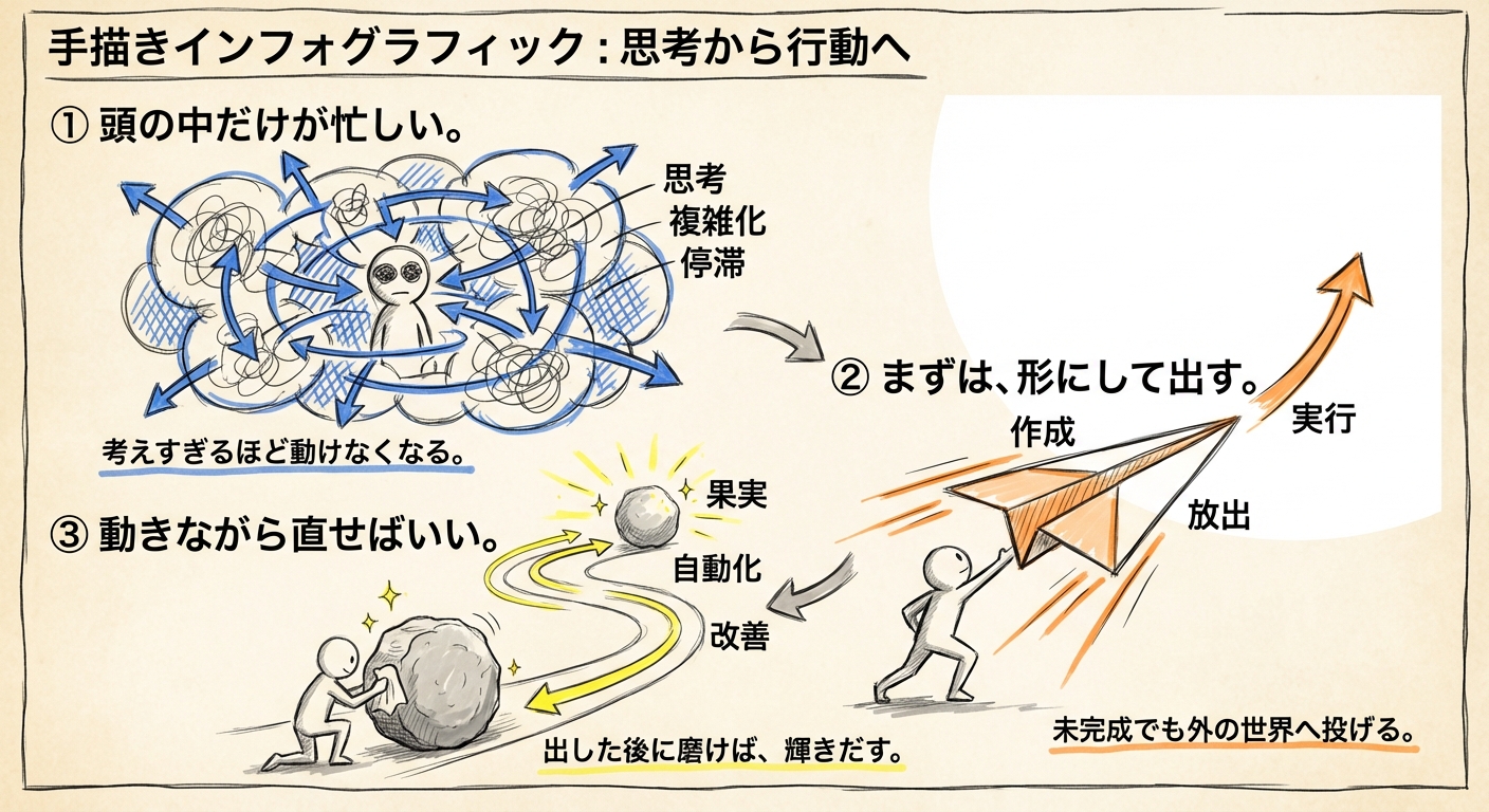 ChatGPTに色々相談したら、言われたこと。考えるな
増やすな
広げるな

作れ
出せ
改善しろ