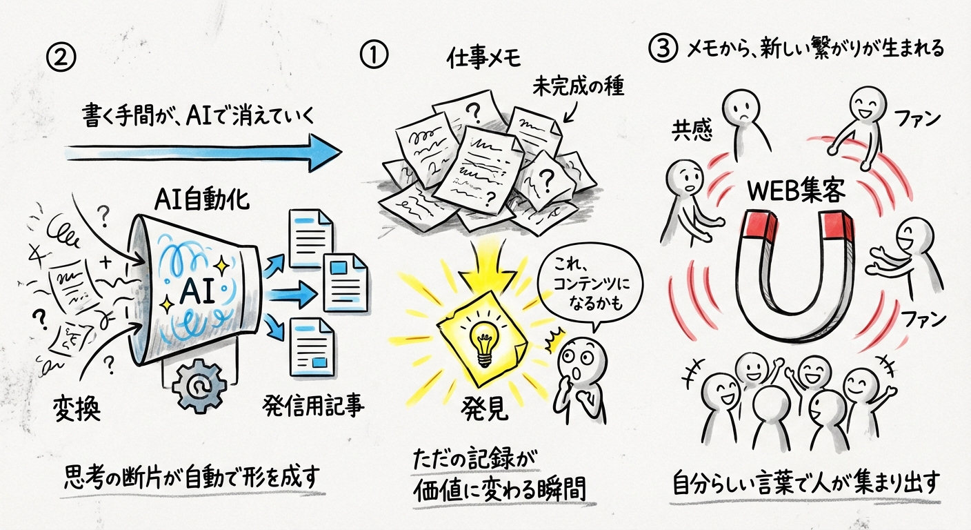 仕事のメモからコンテンツを生成する、というコンセプトに興味を持ってくれる人が出現！