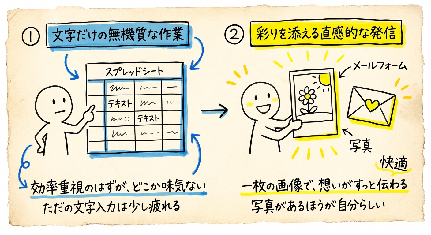 今までスプレッドシートからメモ一行投稿やっていたけど、メールフォームから写真付きでやるほうが簡単だな、と感じた。