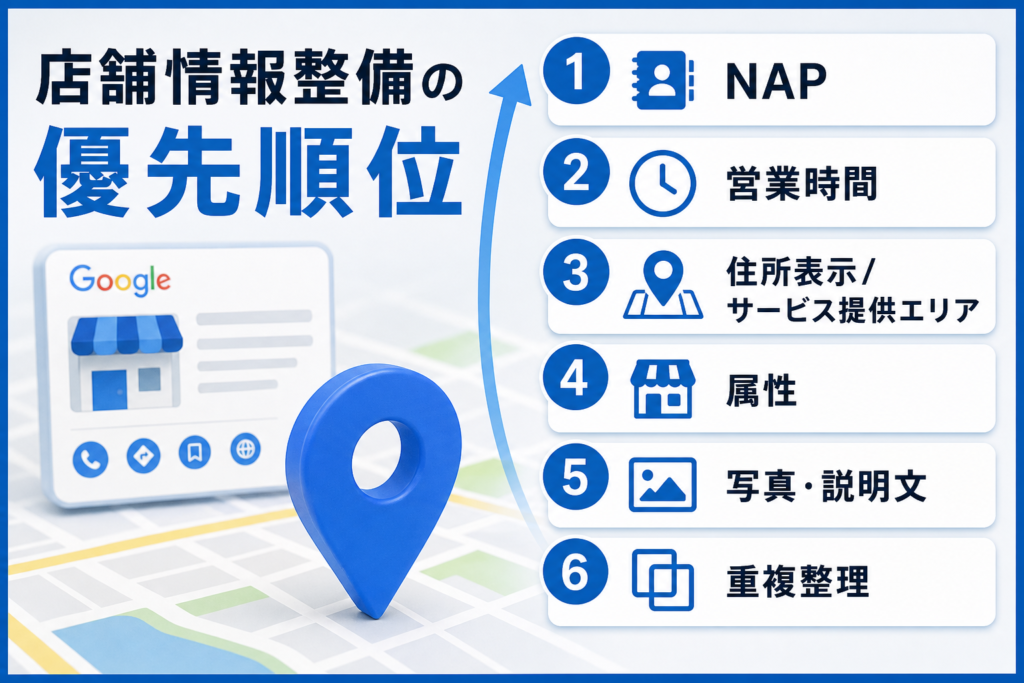 Googleビジネスプロフィールの店舗情報整備をNAP、営業時間、住所表示、属性、写真、重複整理の順で示したチェックリスト画像