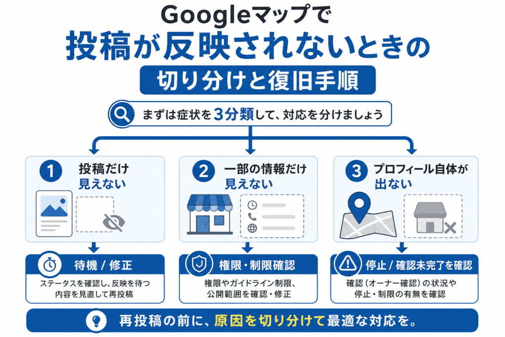 Googleマップで投稿が反映されないときの症状別切り分けフローチャート