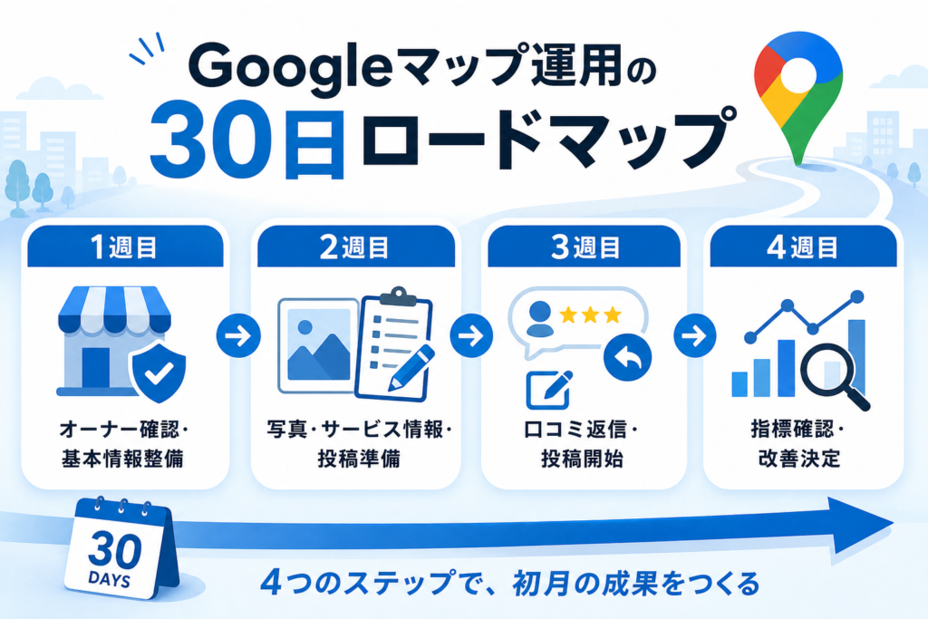 Googleマップ運用を始めるための30日間ロードマップを4週に分けて示した図
