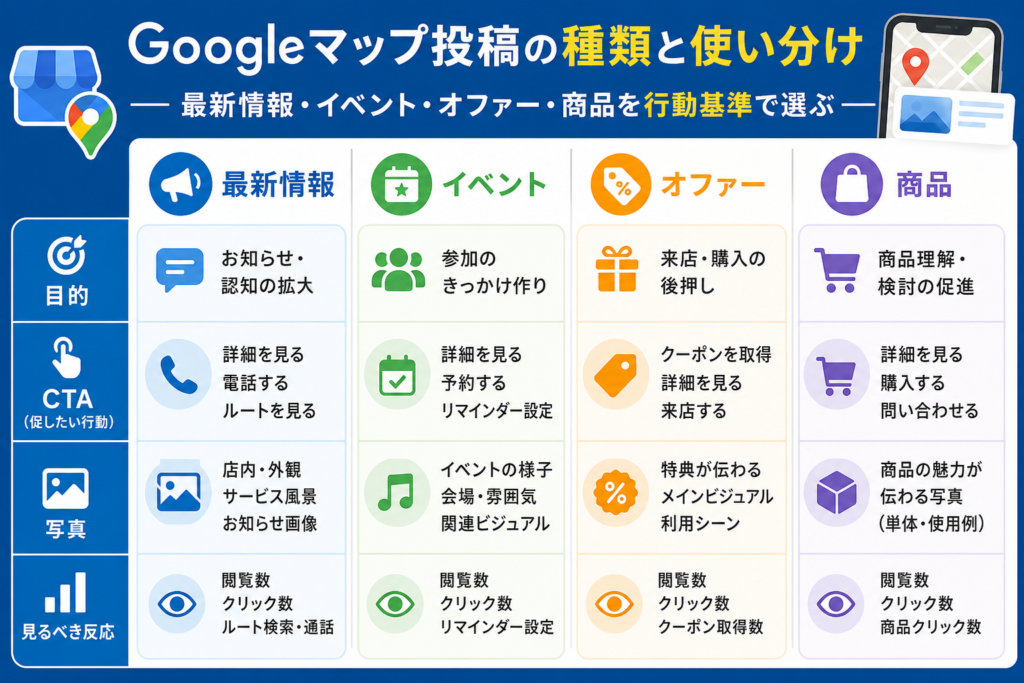 Googleマップ投稿の最新情報、イベント、オファー、商品を比較した一覧図