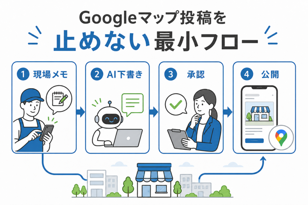 現場メモからAI下書き、承認、公開までのGoogleマップ投稿継続フローを示す図