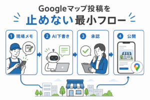 現場メモからAI下書き、承認、公開までのGoogleマップ投稿継続フローを示す図