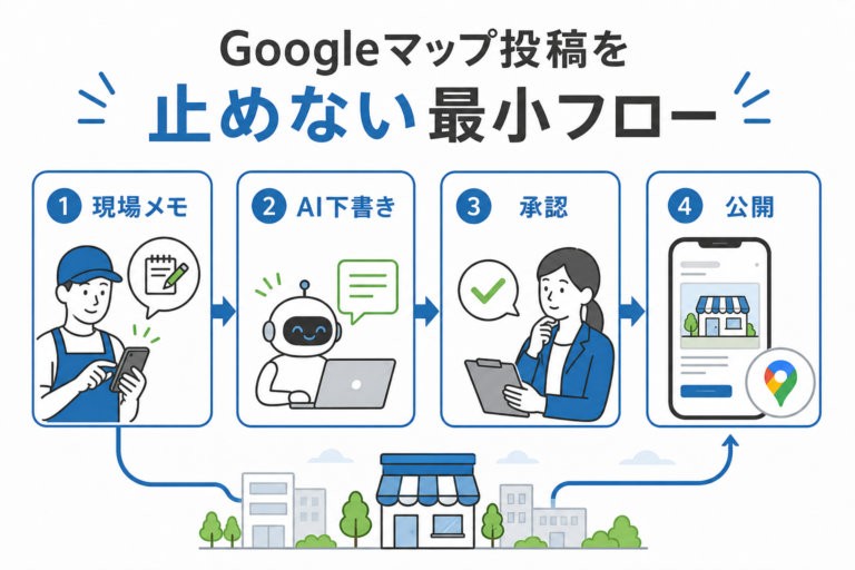 現場メモからAI下書き、承認、公開までのGoogleマップ投稿継続フローを示す図