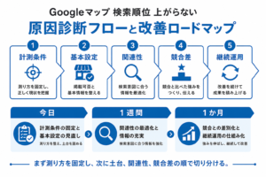 Googleマップの検索順位が上がらない原因を診断するフロー図と改善ロードマップ