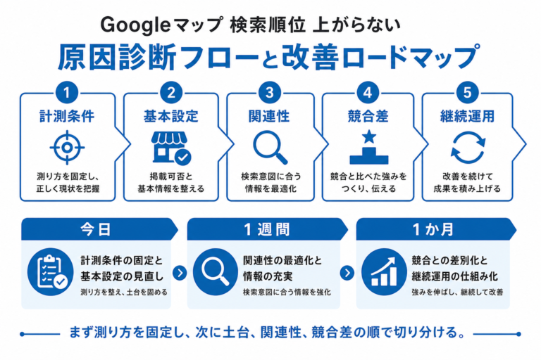 Googleマップの検索順位が上がらない原因を診断するフロー図と改善ロードマップ