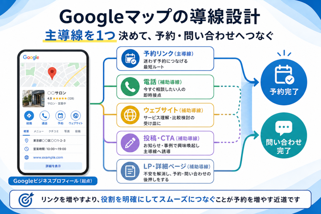 Googleマップから予約や問い合わせへつなぐ導線を、主導線と補助導線に分けて示した概念図