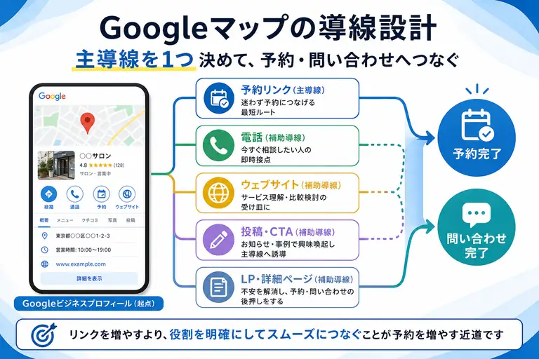 Googleマップから予約や問い合わせへつなぐ導線を、主導線と補助導線に分けて示した概念図