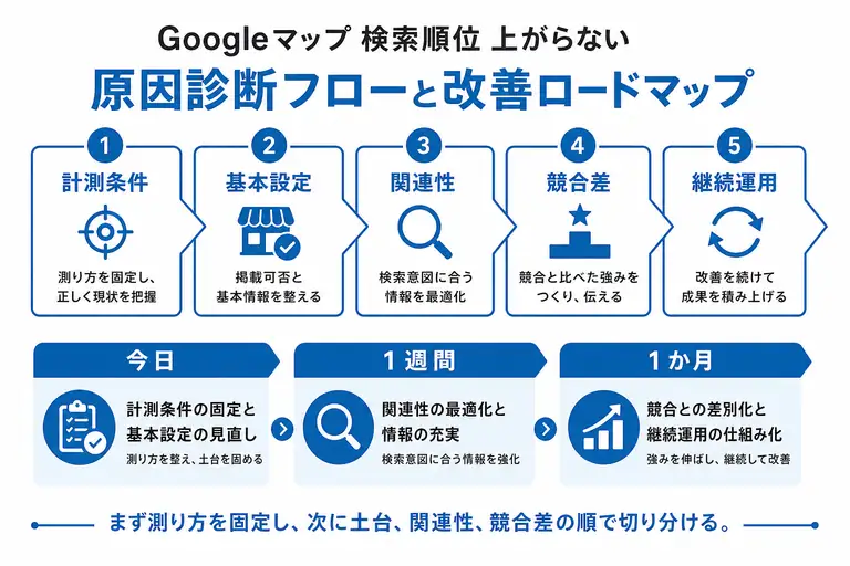 Googleマップの検索順位が上がらない原因を診断するフロー図と改善ロードマップ